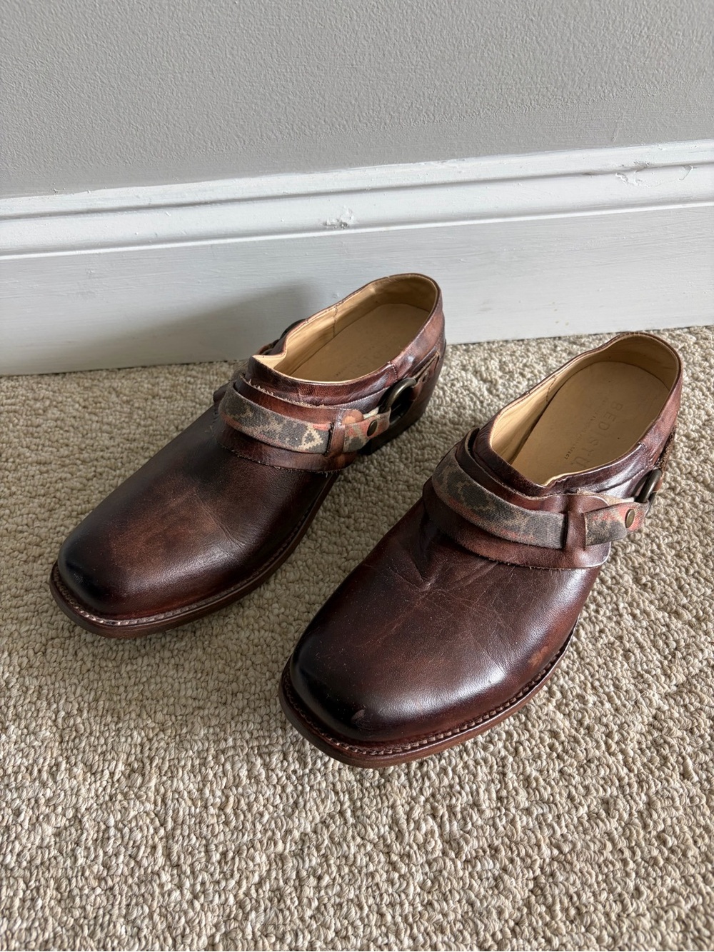 Bed Stu Women's Distressed Brown Leather Ankle Clogs with Buckle Strap